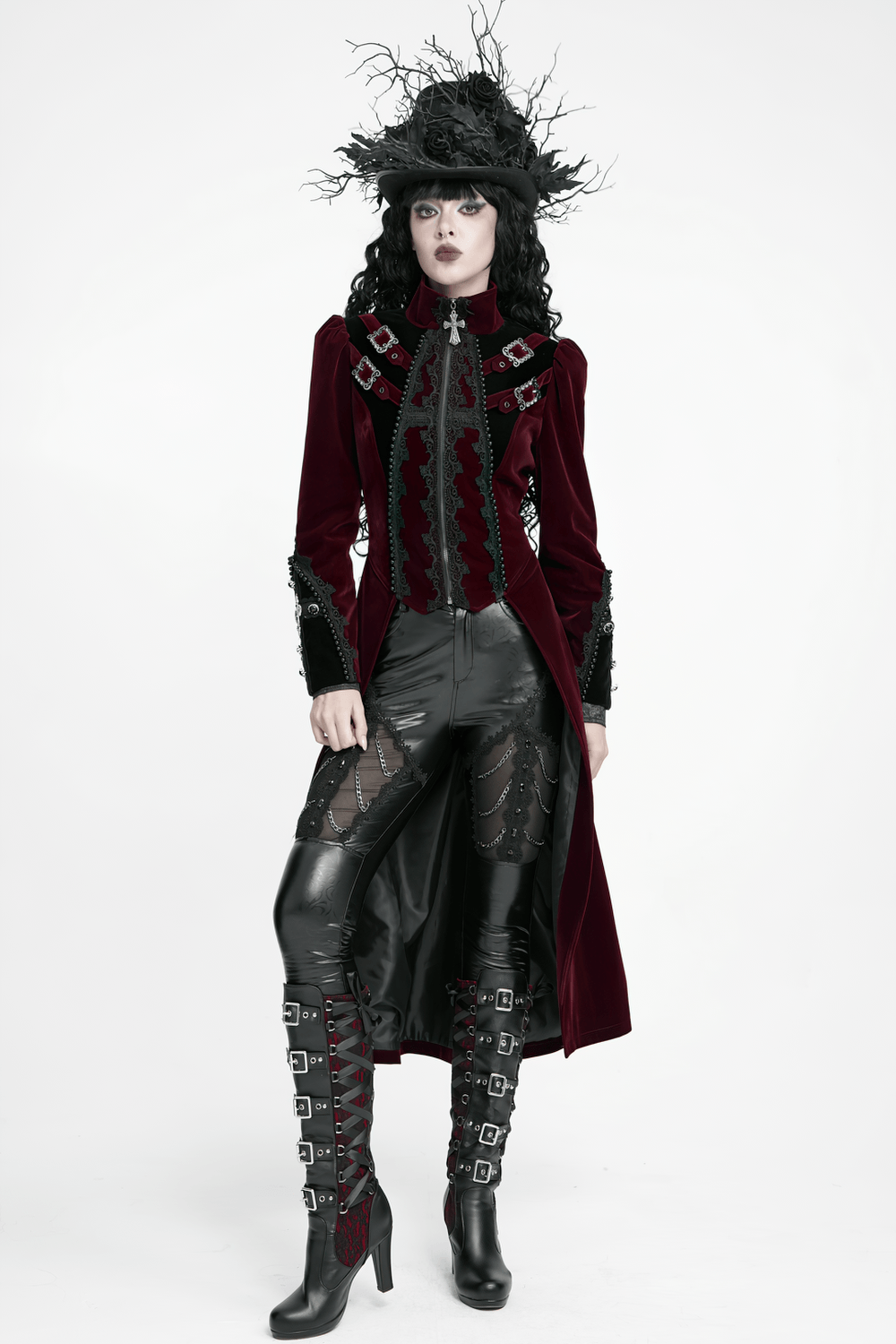 Elegant Victorian Burgundy Velvet Tailcoat with Lace