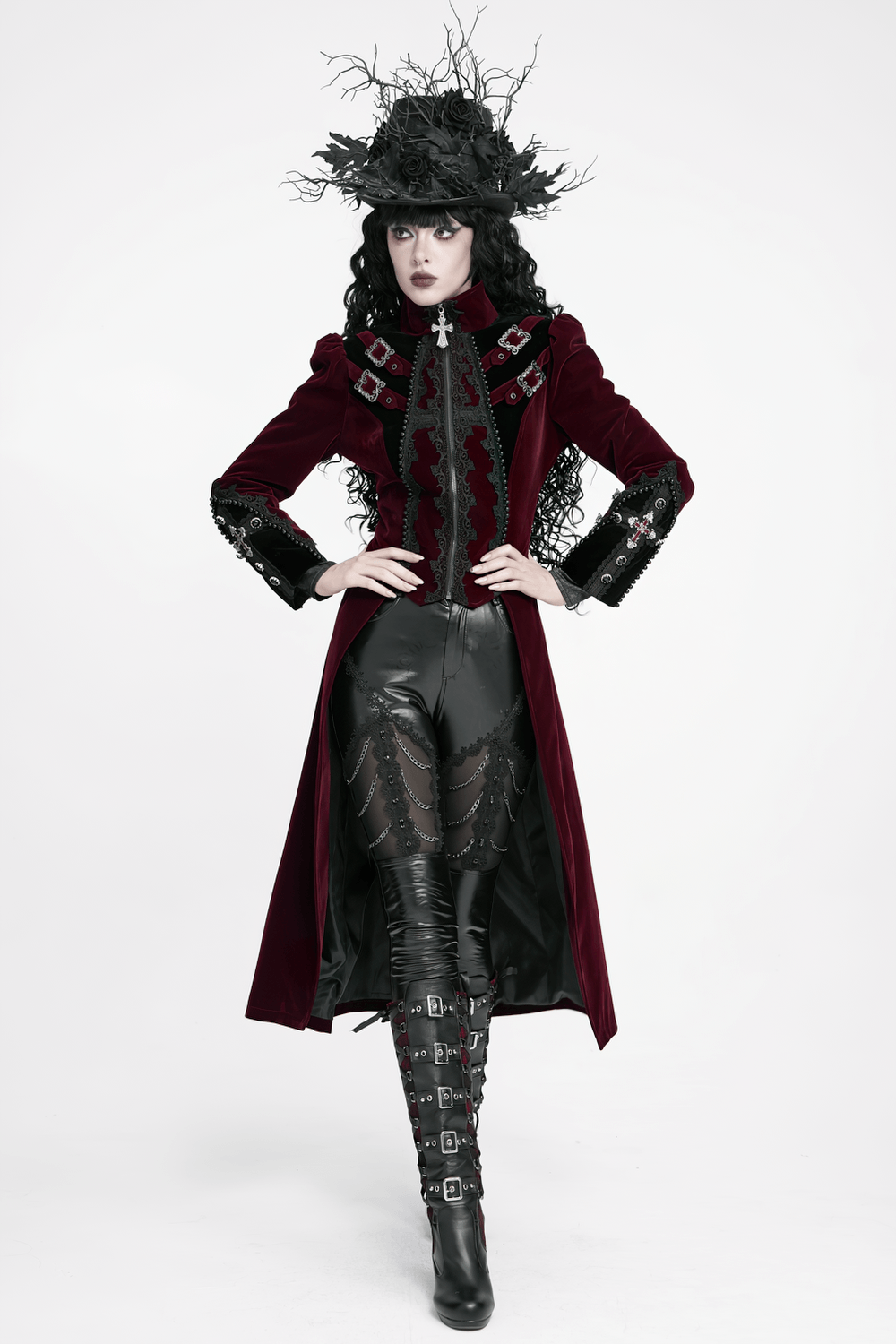 Elegant Victorian Burgundy Velvet Tailcoat with Lace