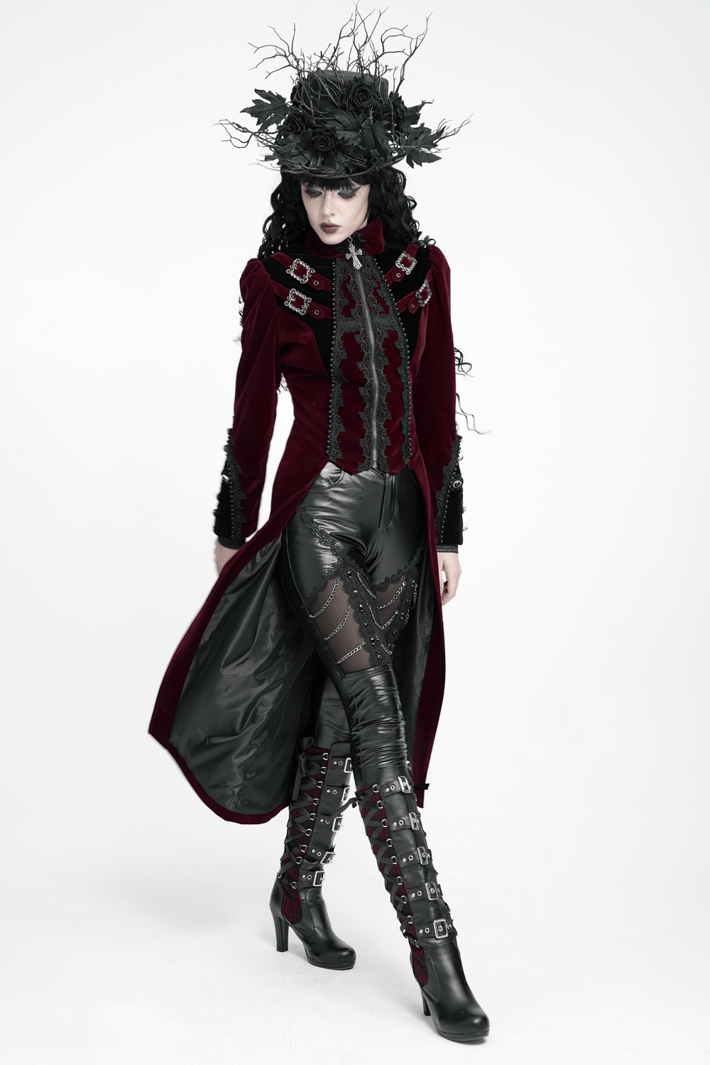 Elegant Victorian Burgundy Velvet Tailcoat with Lace