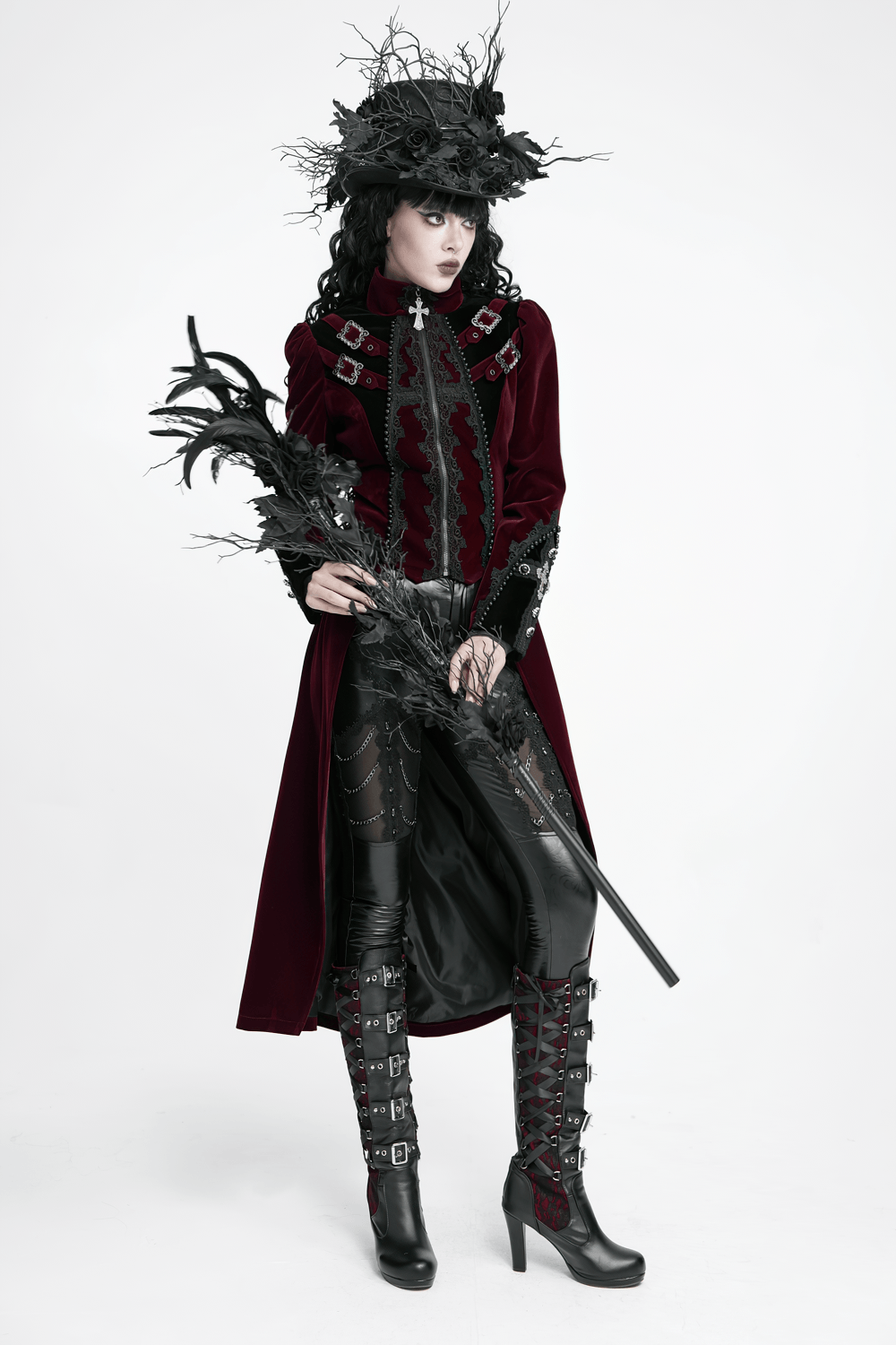 Elegant Victorian Burgundy Velvet Tailcoat with Lace