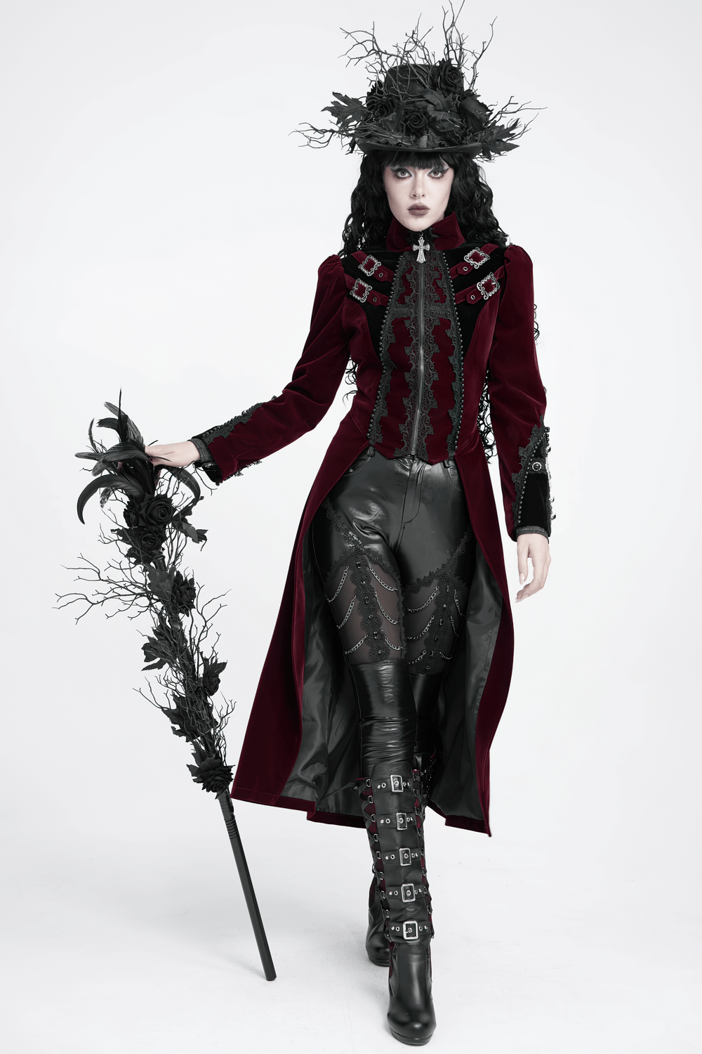 Elegant Victorian Burgundy Velvet Tailcoat with Lace