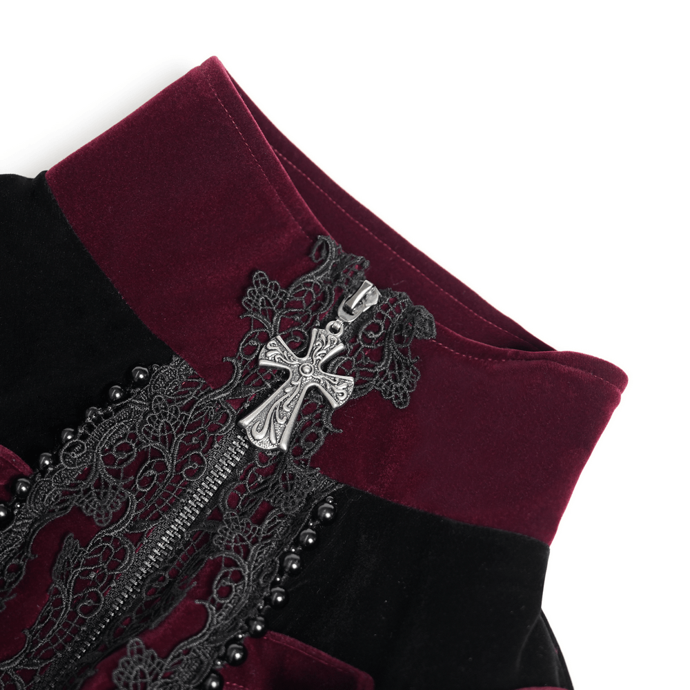 Elegant Victorian Burgundy Velvet Tailcoat with Lace