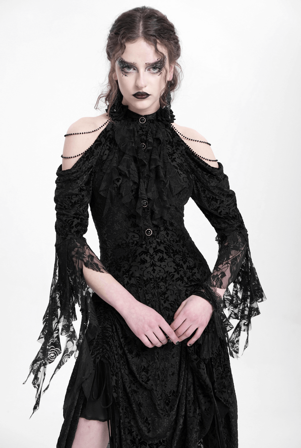 Elegant Victorian Lace Gothic Dress with Ruffle Details