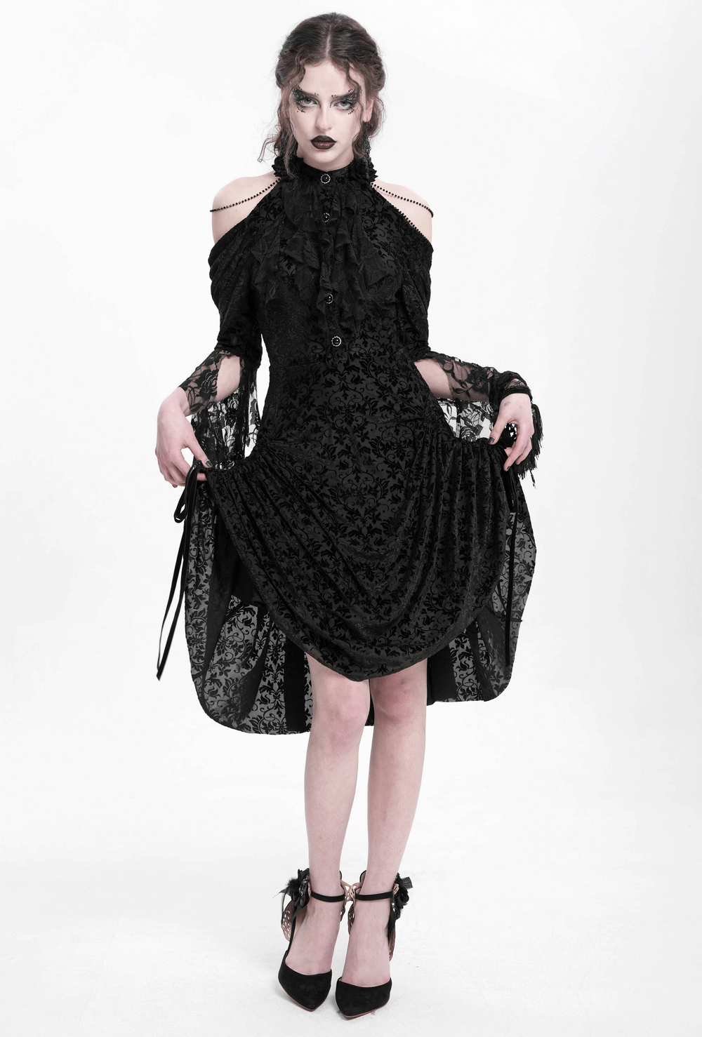 Elegant Victorian Lace Gothic Dress with Ruffle Details
