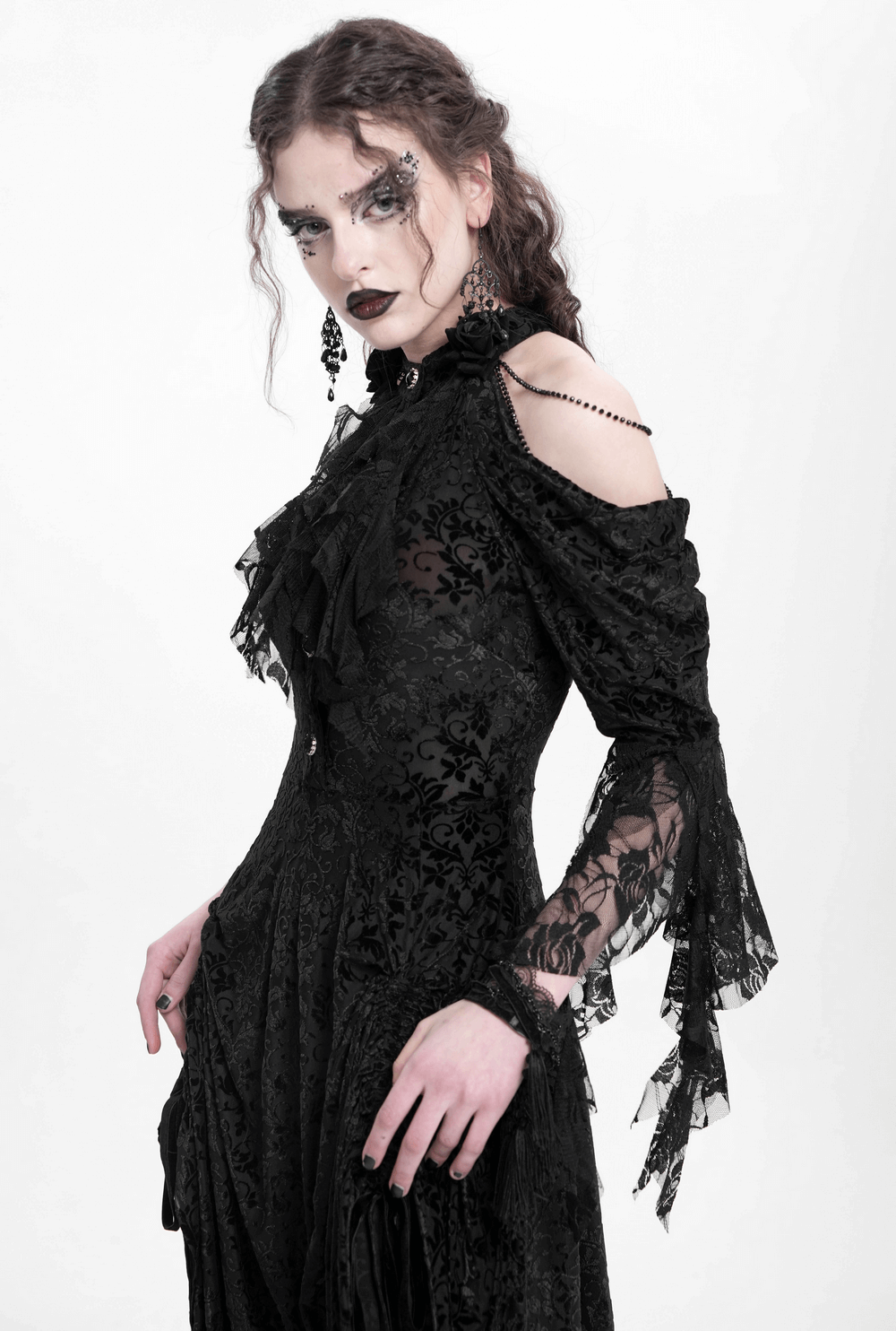 Elegant Victorian Lace Gothic Dress with Ruffle Details