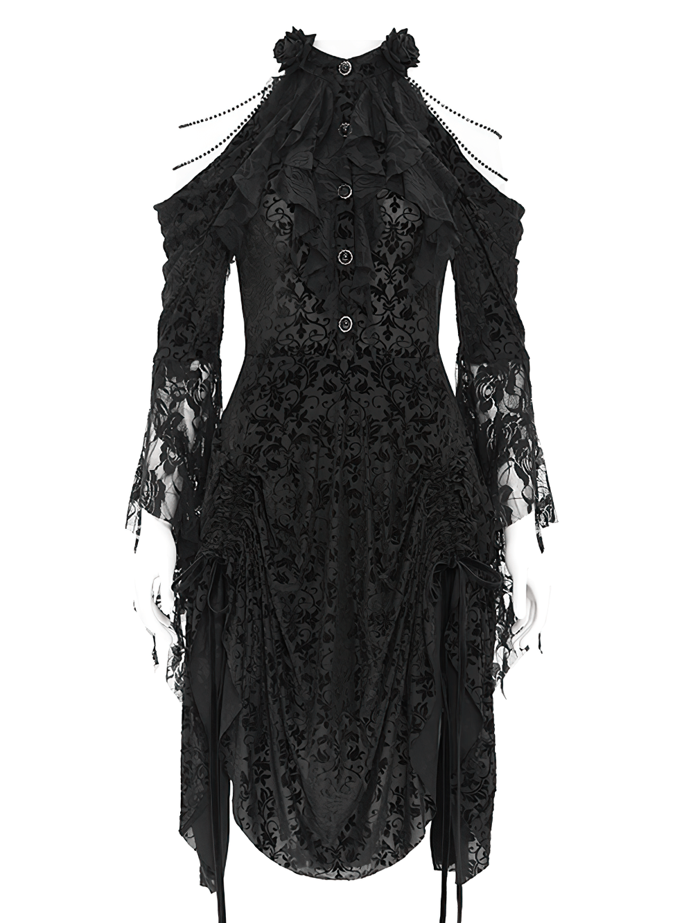 Elegant Victorian Lace Gothic Dress with Ruffle Details