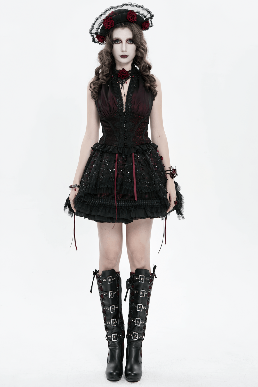 Elegant Victorian Lace Halter Corset Top with Ruffled Hem
