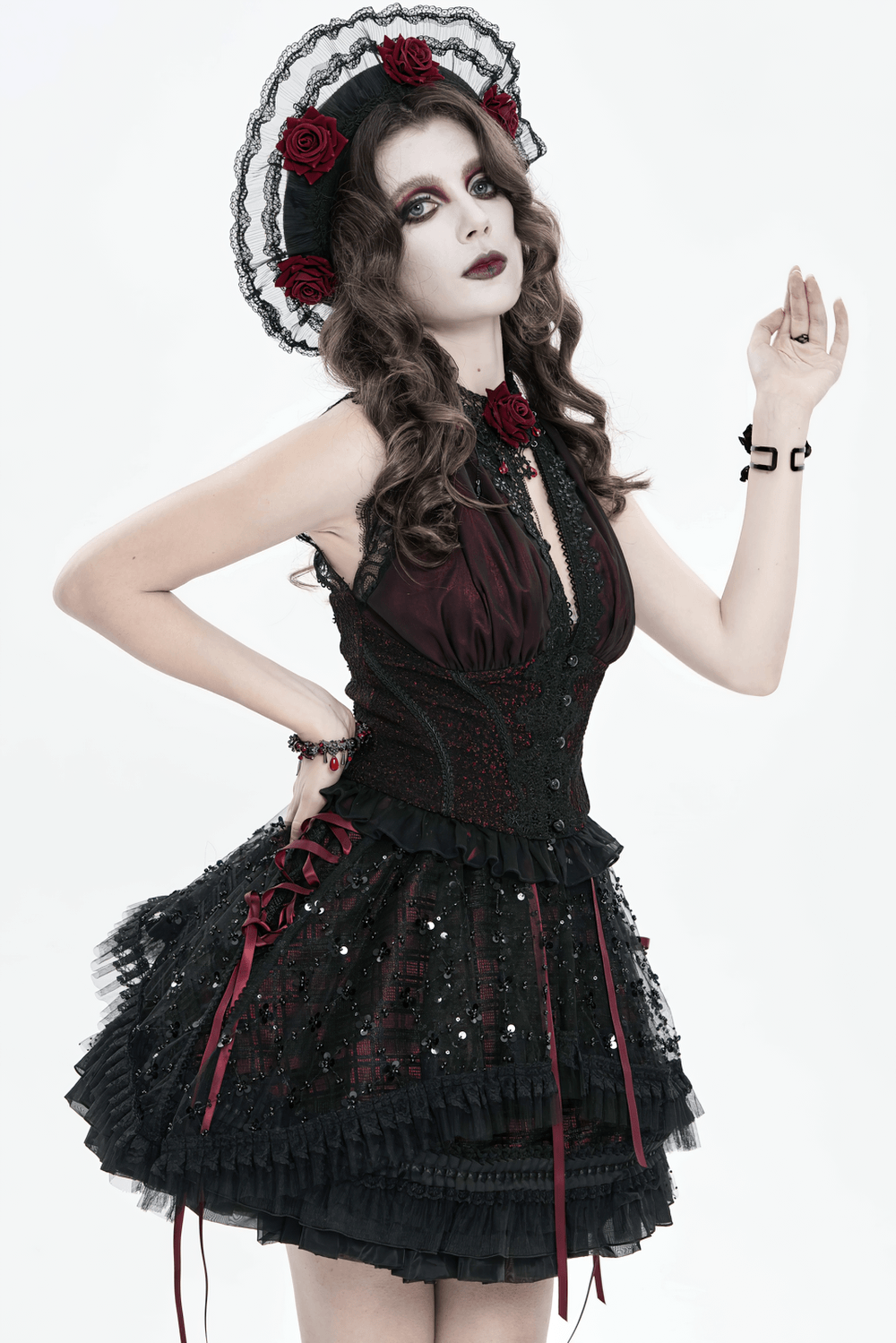 Elegant Victorian Lace Halter Corset Top with Ruffled Hem