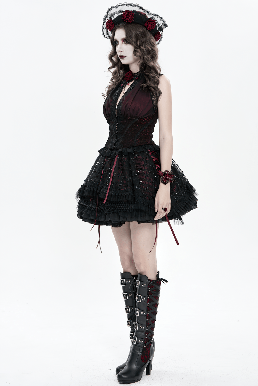 Elegant Victorian Lace Halter Corset Top with Ruffled Hem