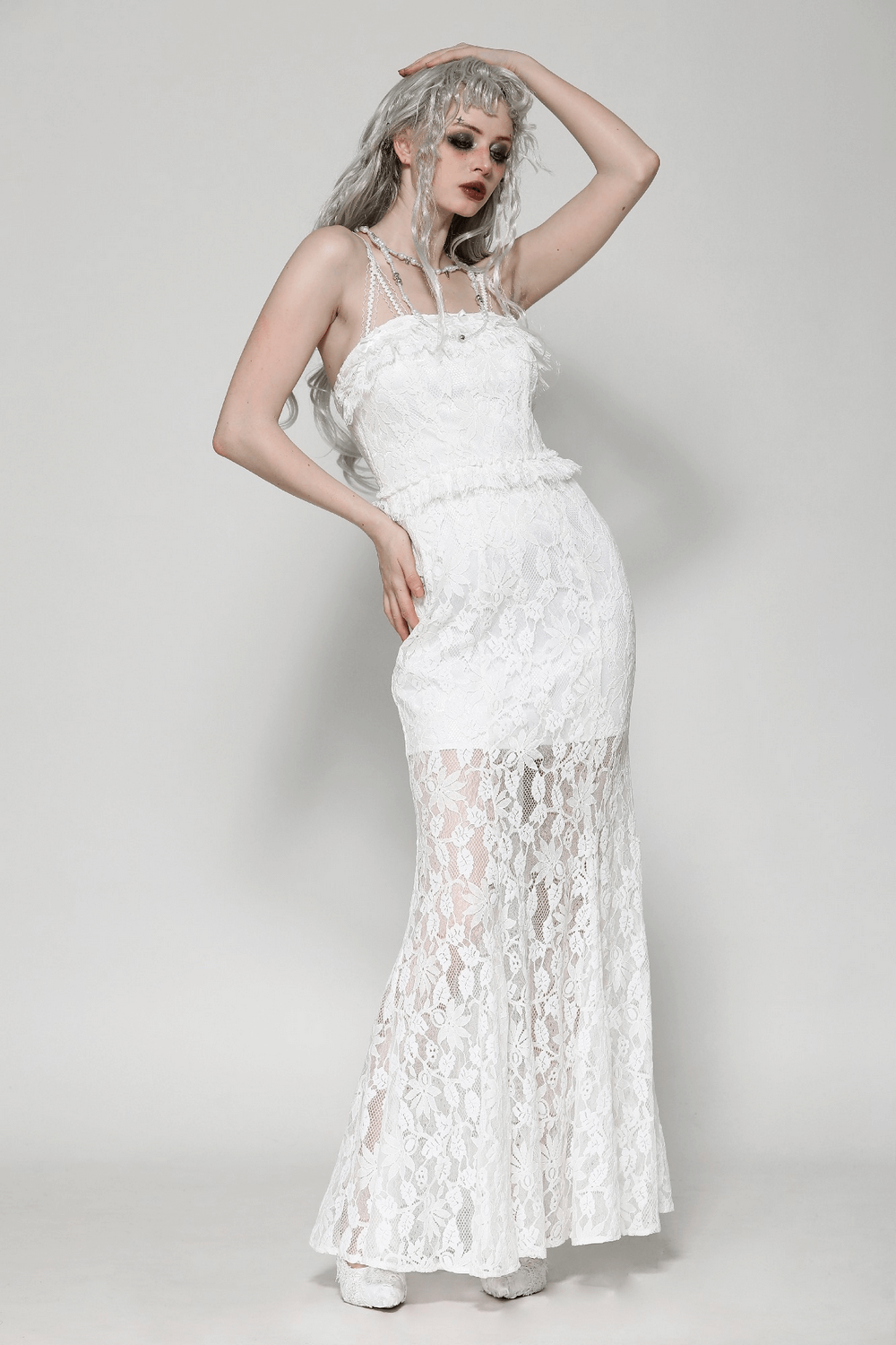 Elegant White Lace Mermaid Dress with Spaghetti Straps