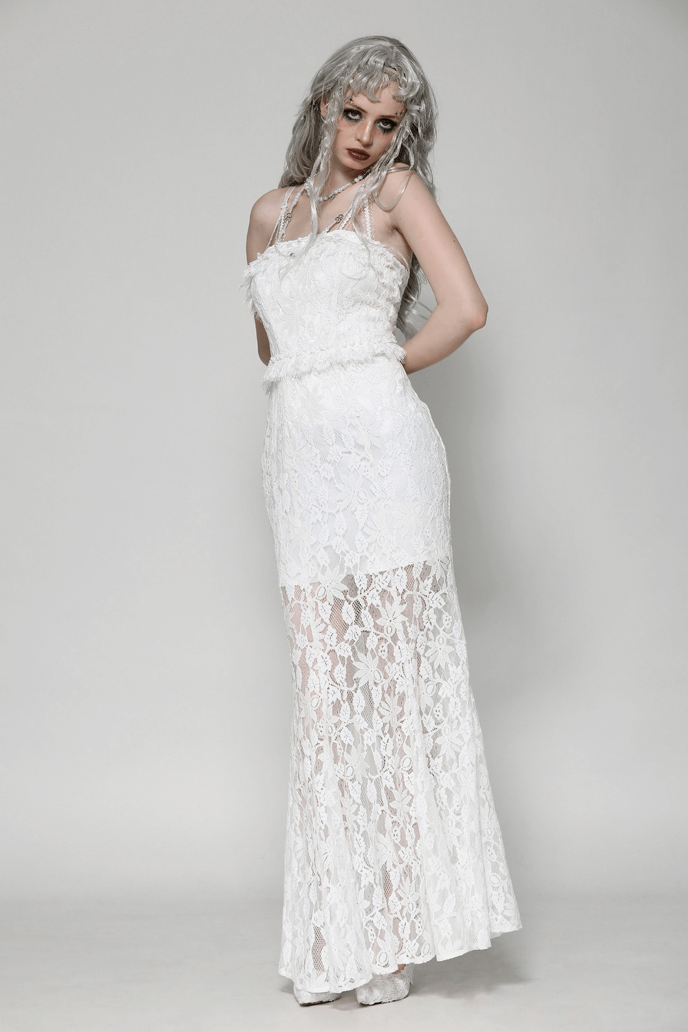 Elegant White Lace Mermaid Dress with Spaghetti Straps
