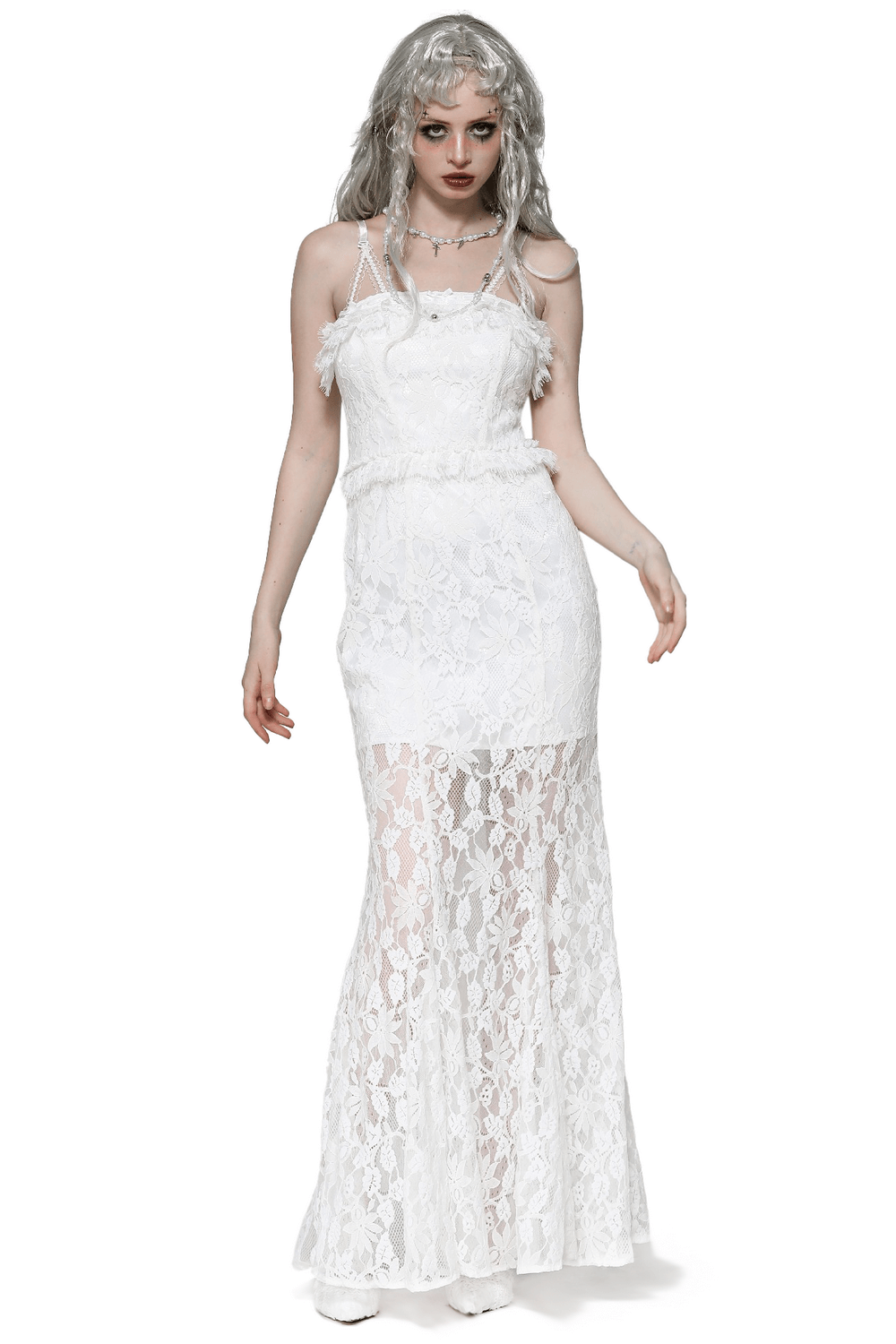Elegant White Lace Mermaid Dress with Spaghetti Straps