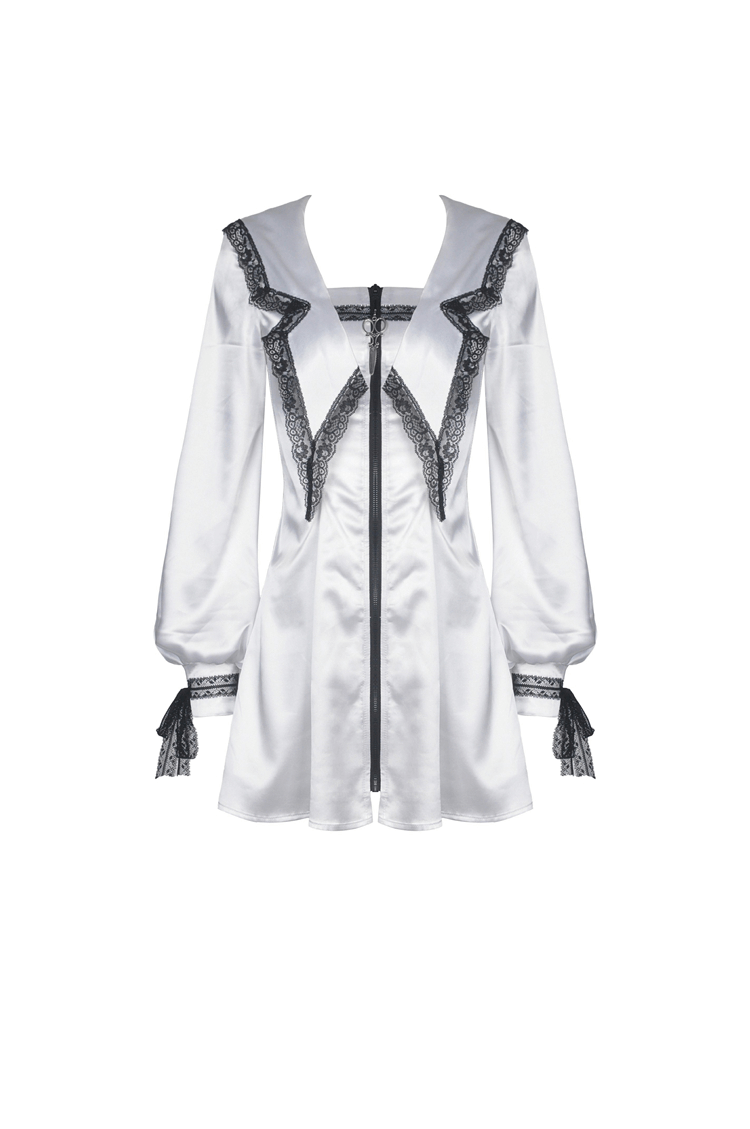 Elegant White Satin Dress with Black Lace Detailing