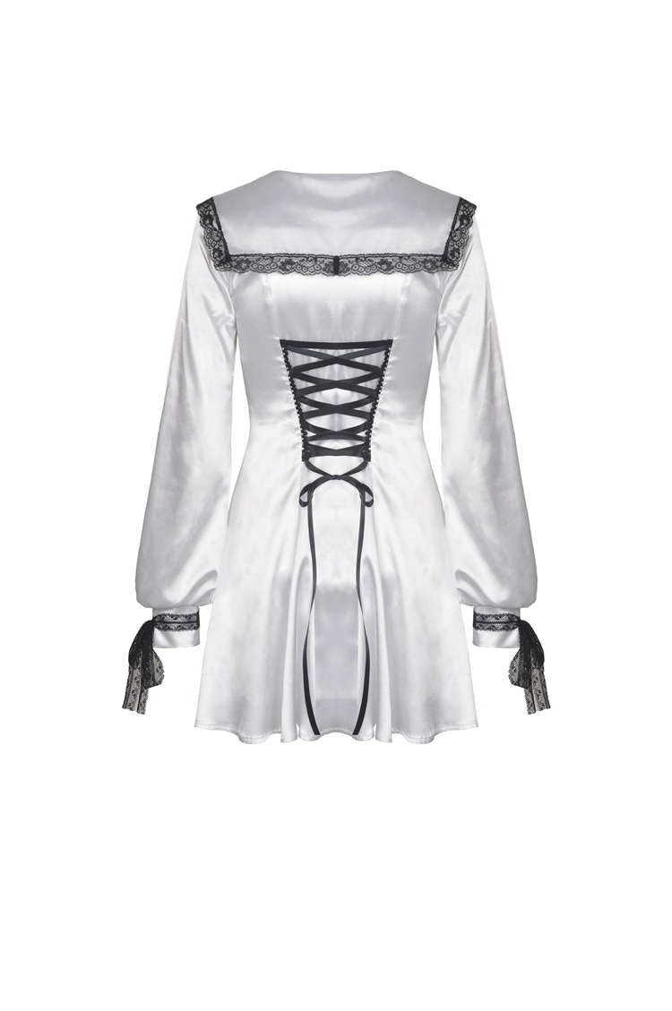 Elegant White Satin Dress with Black Lace Detailing