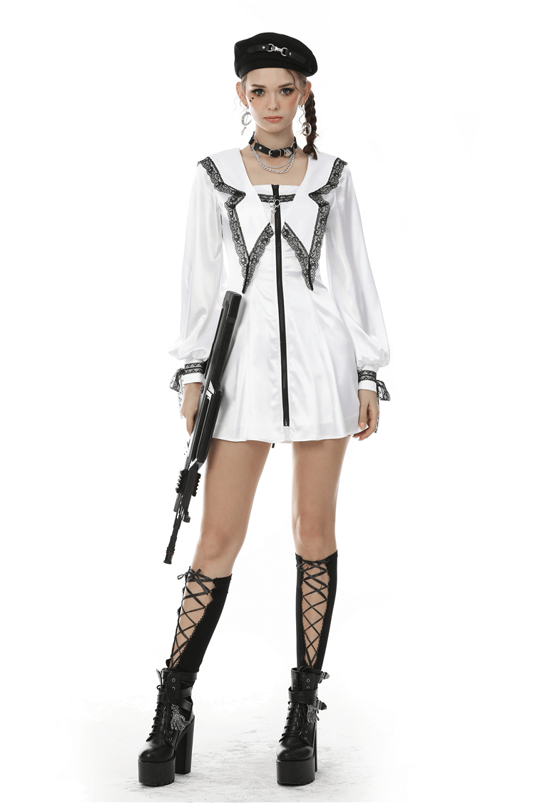 Elegant White Satin Dress with Black Lace Detailing