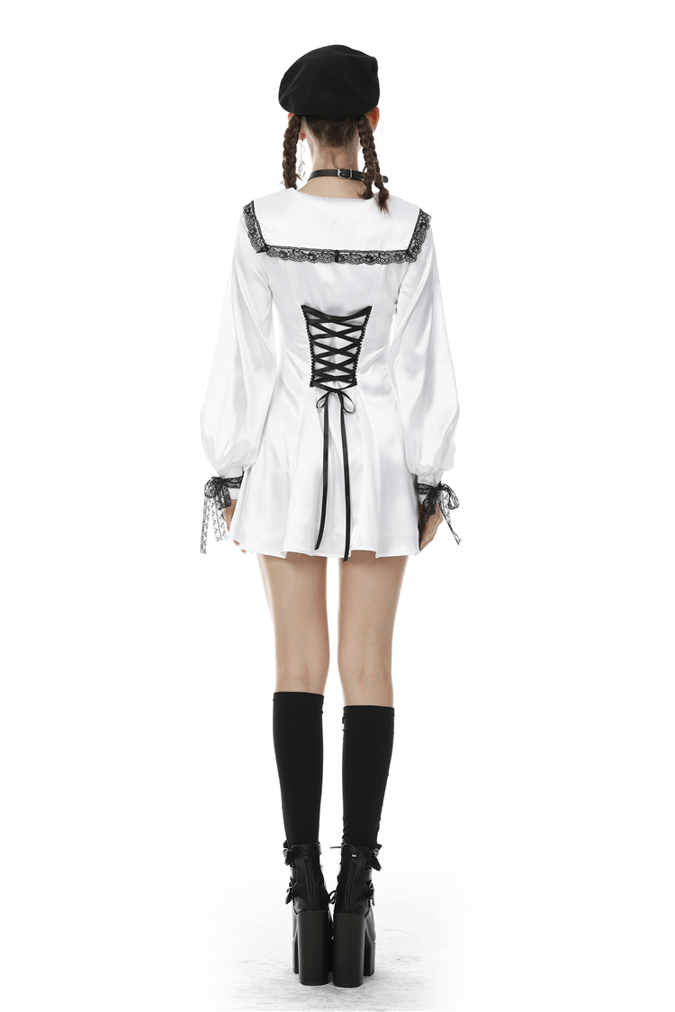 Elegant White Satin Dress with Black Lace Detailing