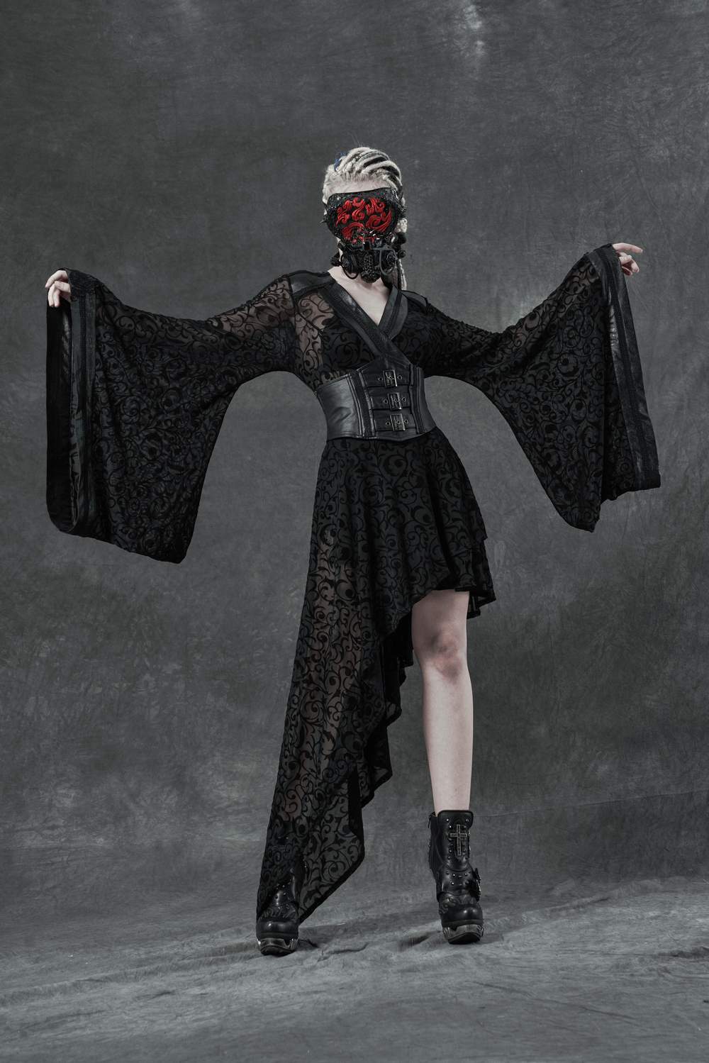 Embroidered Flocking Net Gothic Kimono Dress with Detachable Belt