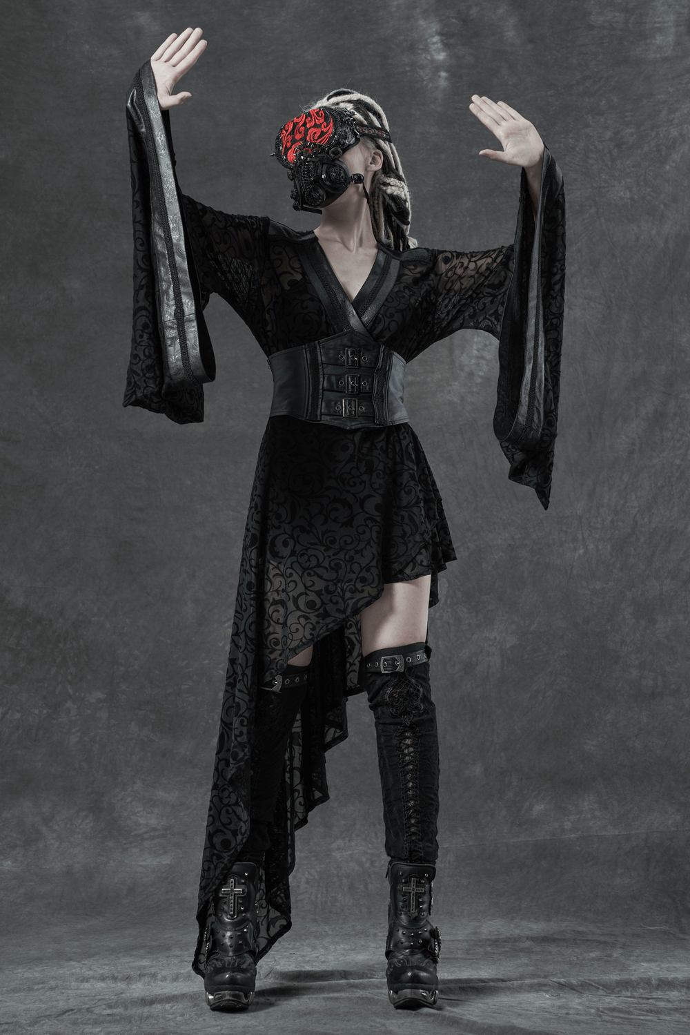 Embroidered Flocking Net Gothic Kimono Dress with Detachable Belt