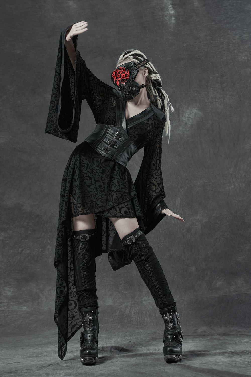 Embroidered Flocking Net Gothic Kimono Dress with Detachable Belt