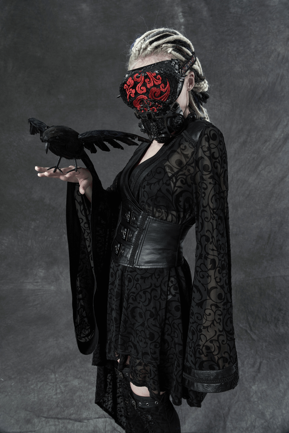 Embroidered Flocking Net Gothic Kimono Dress with Detachable Belt