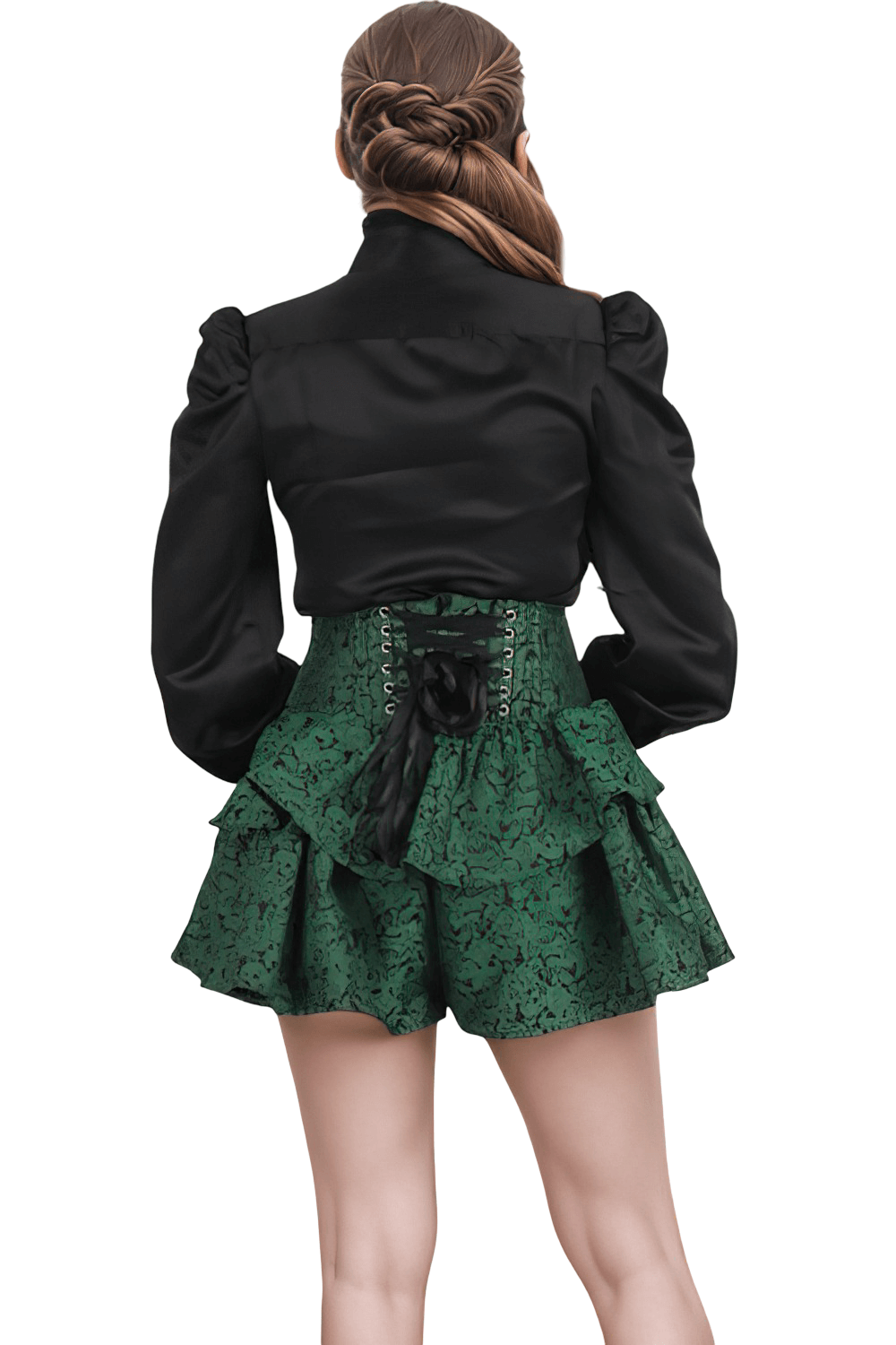 Emerald Green Brocade Corset Mini Skirt with Ruffles