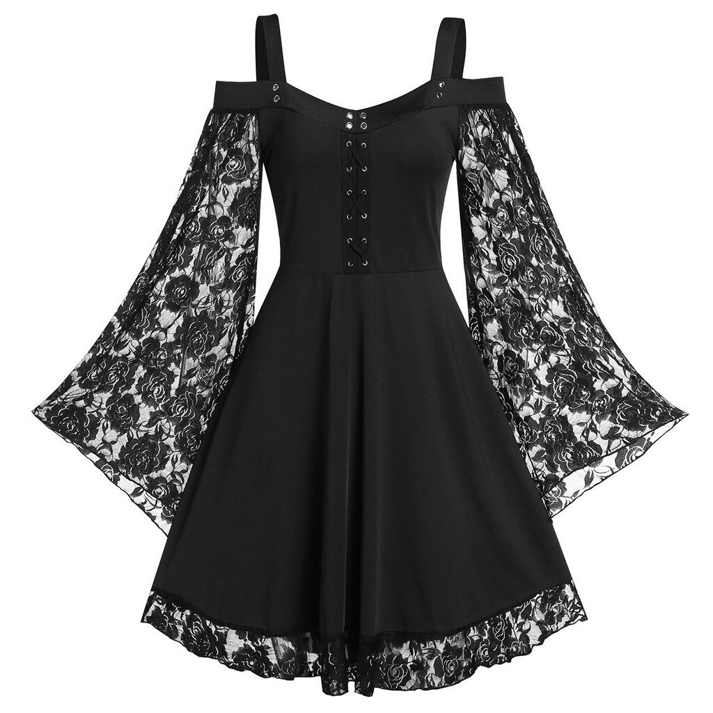 Gothic Women's Lace Patchwork Dresses With Flare Sleeve