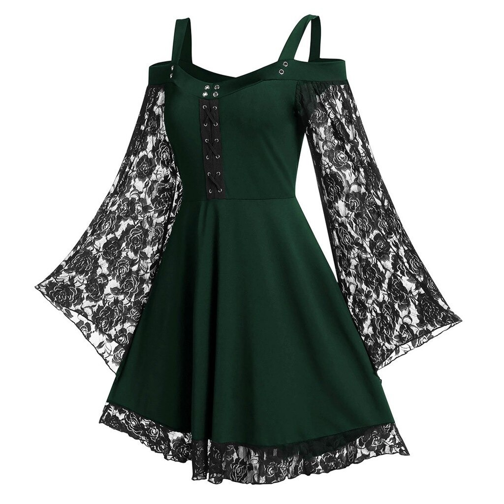 Gothic Women's Lace Patchwork Dresses With Flare Sleeve