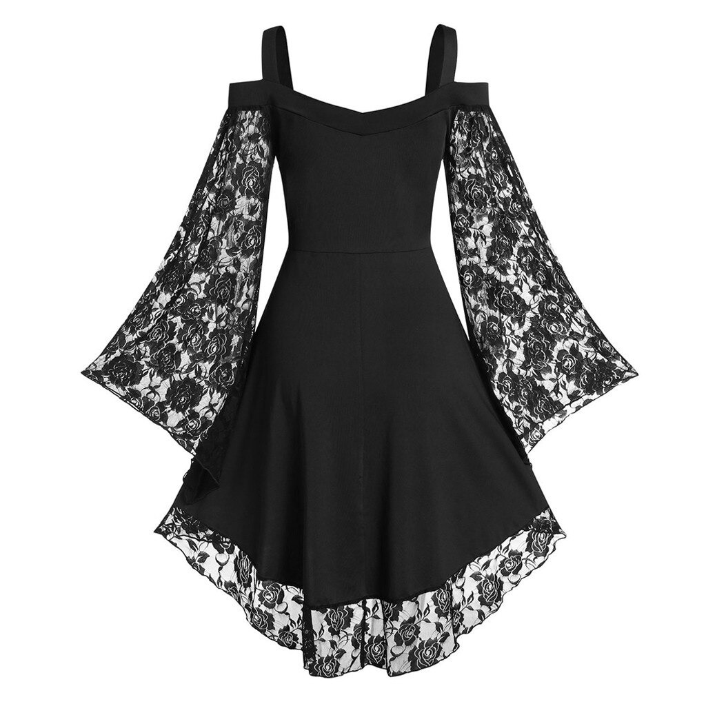 Gothic Women's Lace Patchwork Dresses With Flare Sleeve