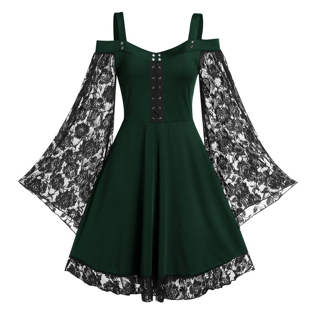 Gothic Women's Lace Patchwork Dresses With Flare Sleeve