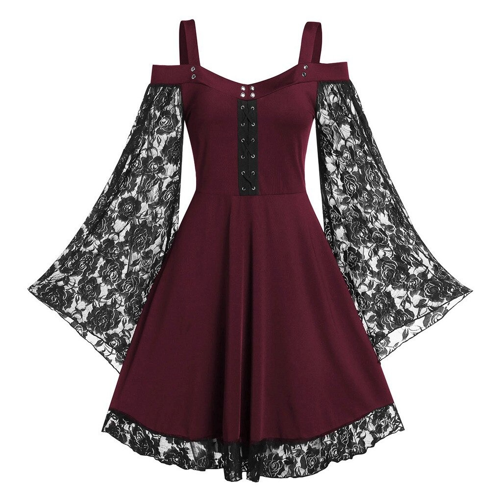 Gothic Women's Lace Patchwork Dresses With Flare Sleeve