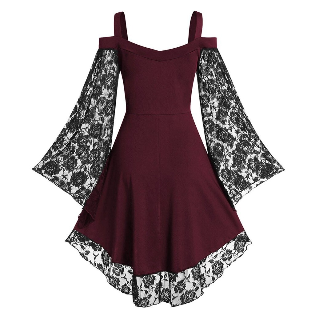 Gothic Women's Lace Patchwork Dresses With Flare Sleeve