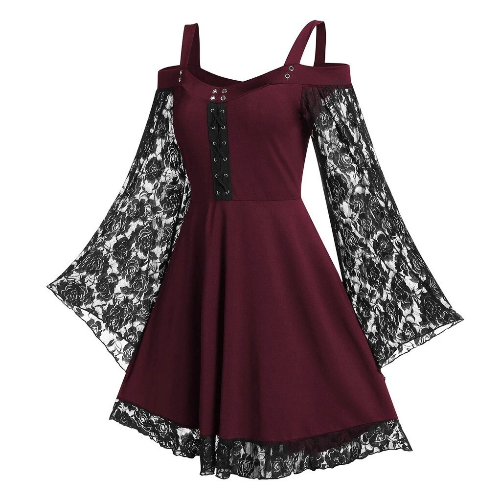 Gothic Women's Lace Patchwork Dresses With Flare Sleeve