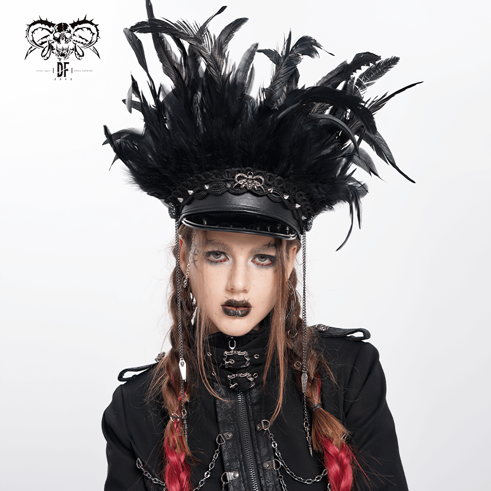 Feathered Leather Cap with Lace Details and Chains