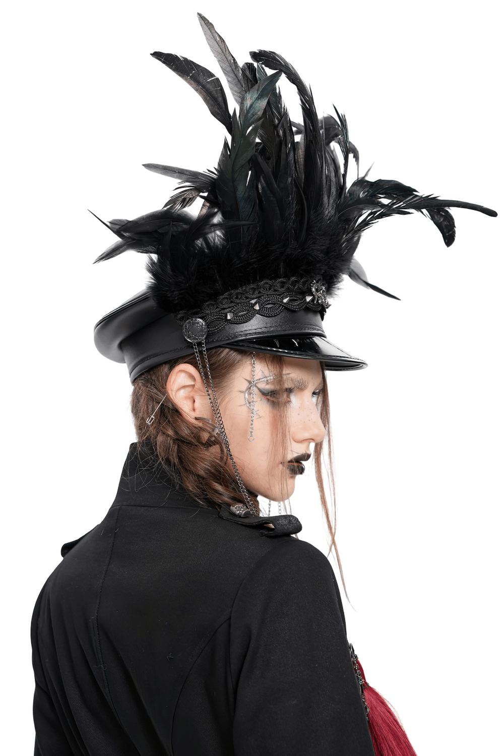 Feathered Leather Cap with Lace Details and Chains