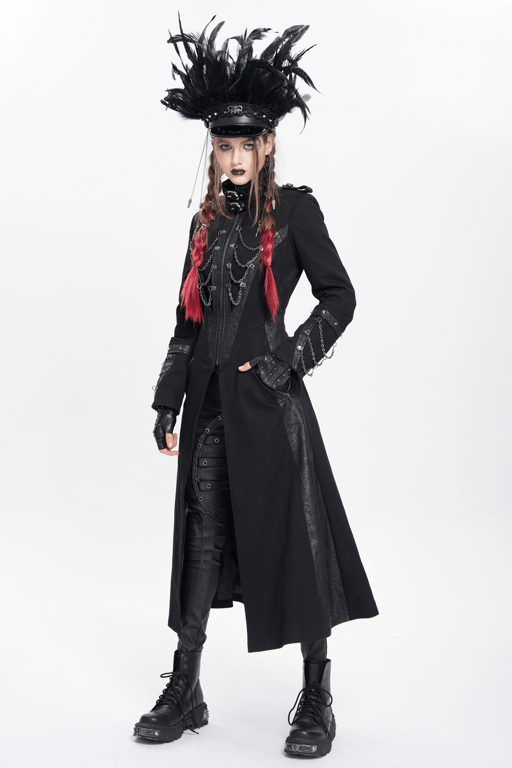 Feathered Leather Cap with Lace Details and Chains