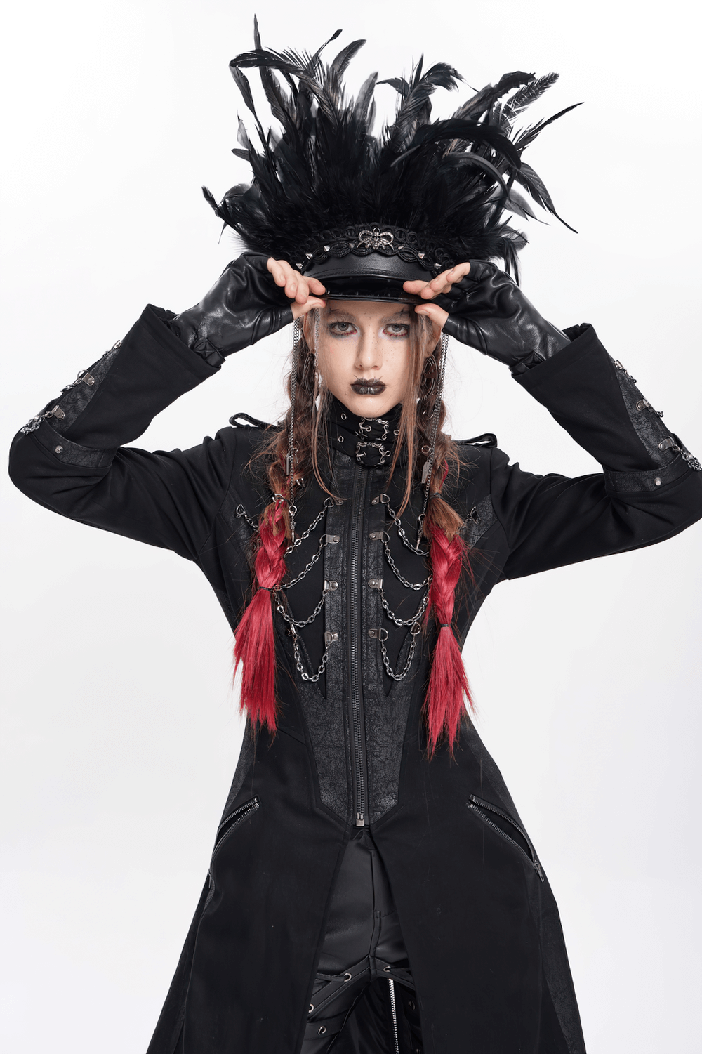 Feathered Leather Cap with Lace Details and Chains