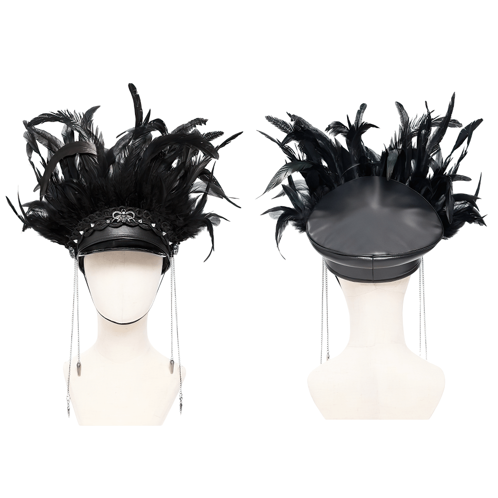 Feathered Leather Cap with Lace Details and Chains