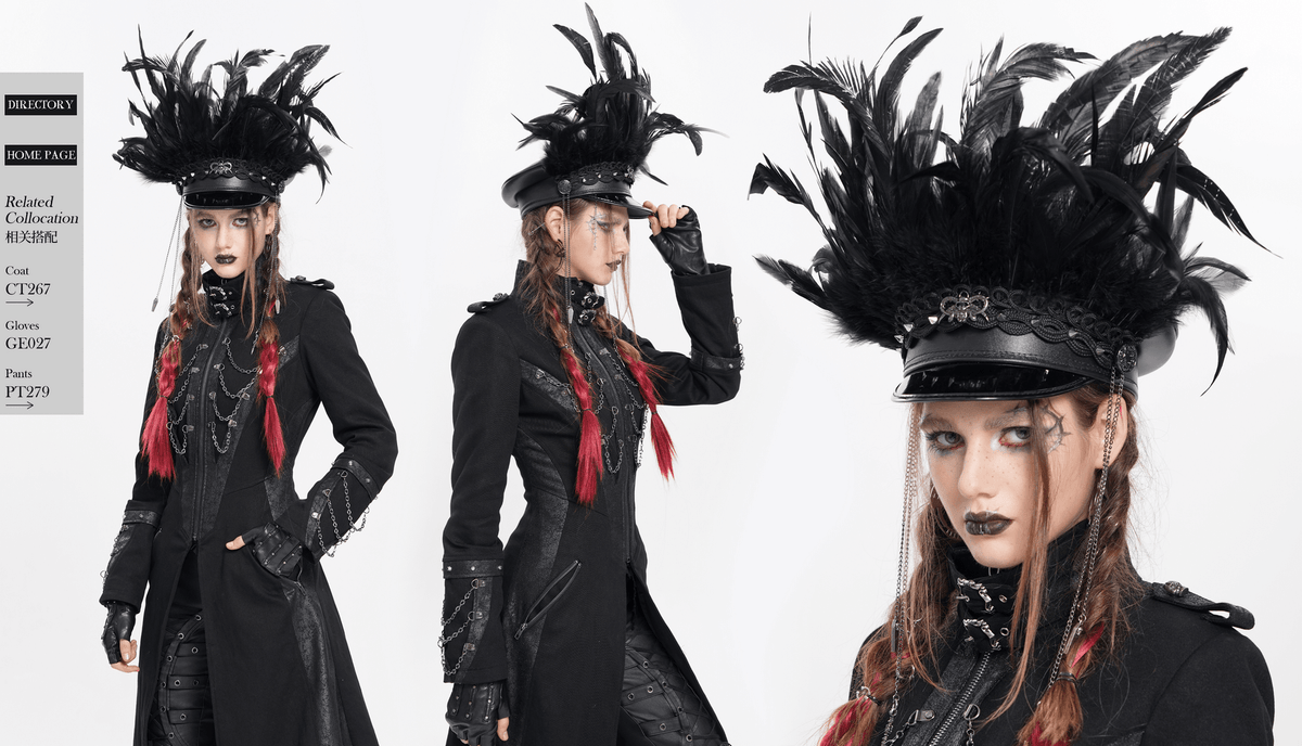 Feathered Leather Cap with Lace Details and Chains