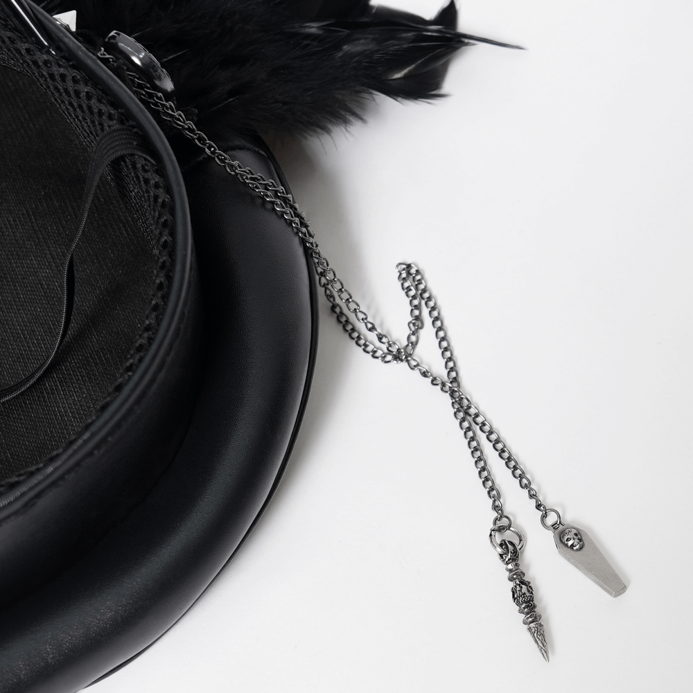 Feathered Leather Cap with Lace Details and Chains