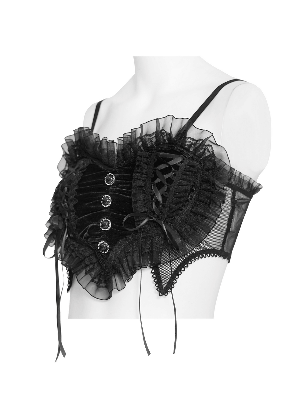 Female Black Lace Crop Top with Ruffle Trim Detail