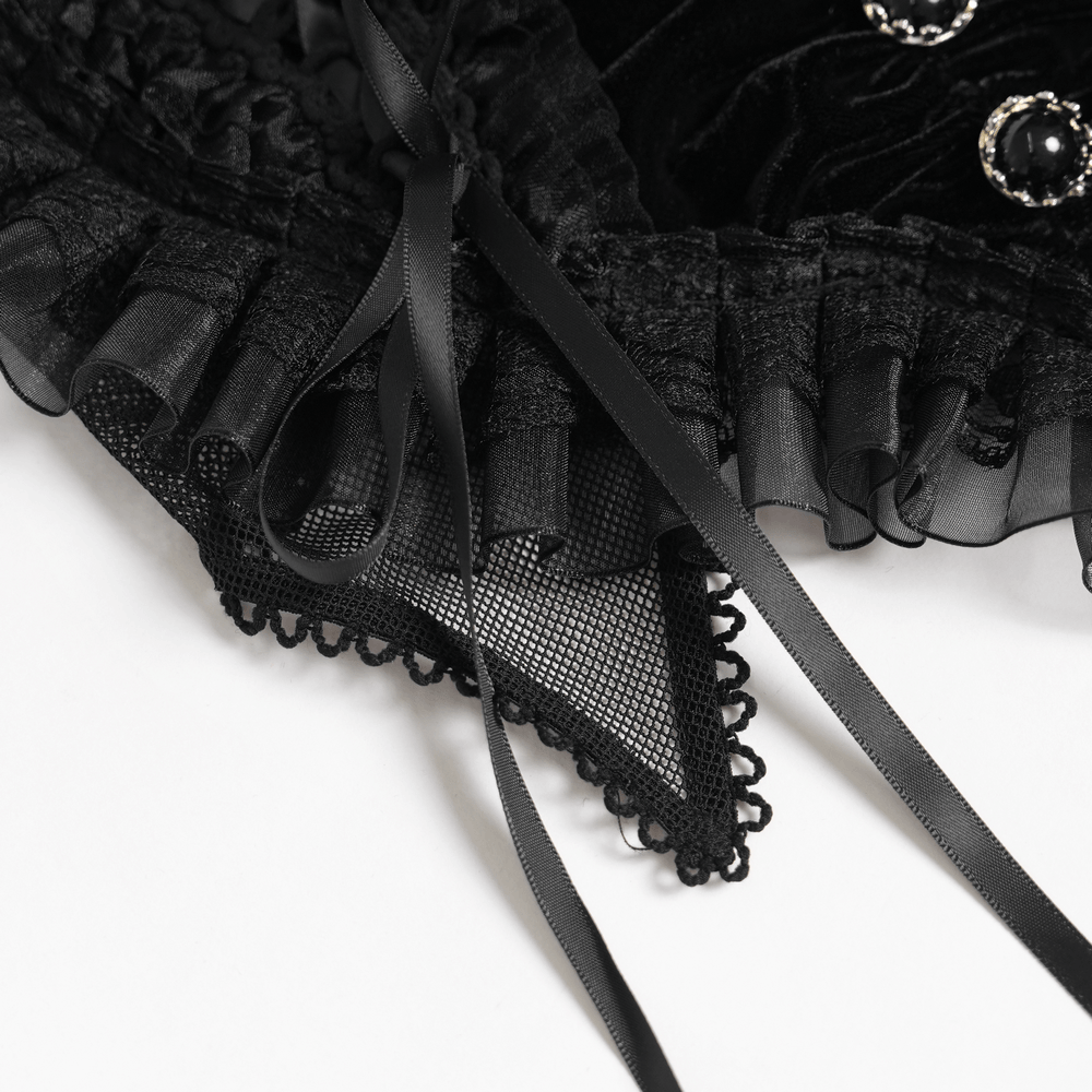Female Black Lace Crop Top with Ruffle Trim Detail