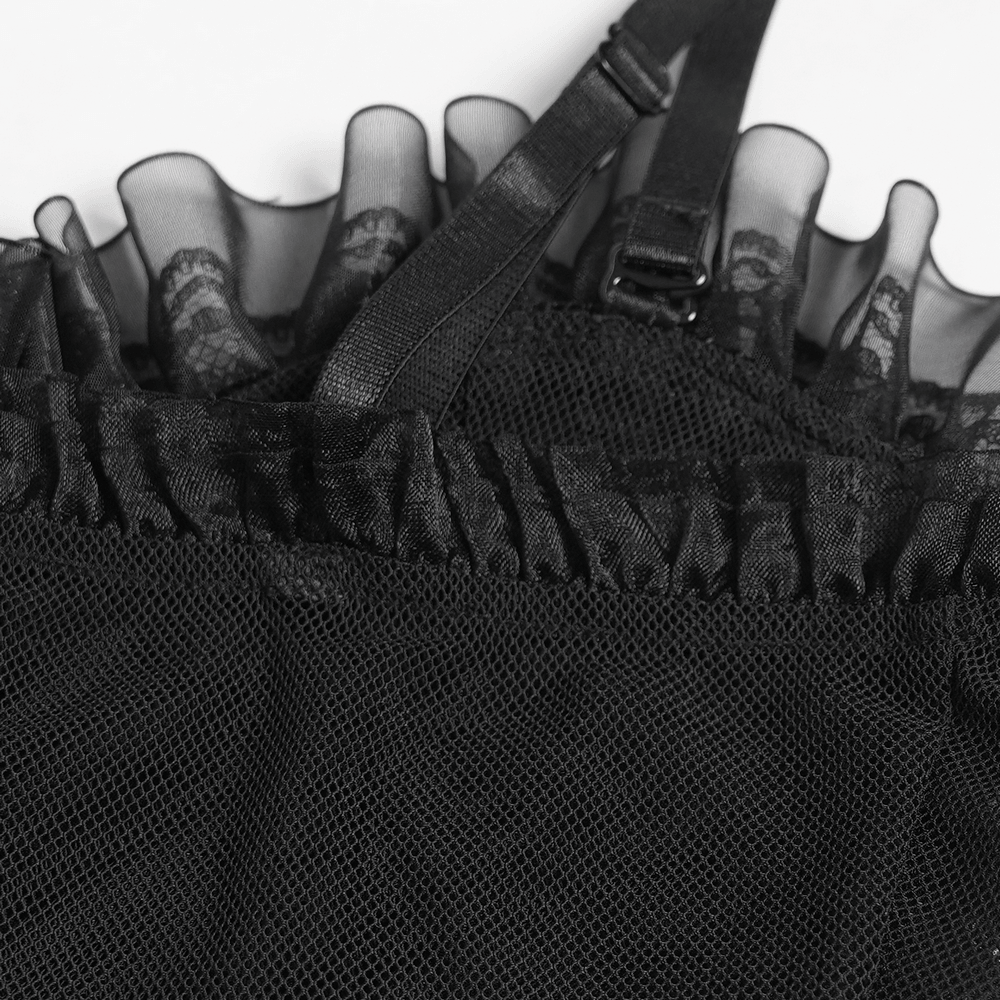 Female Black Lace Crop Top with Ruffle Trim Detail