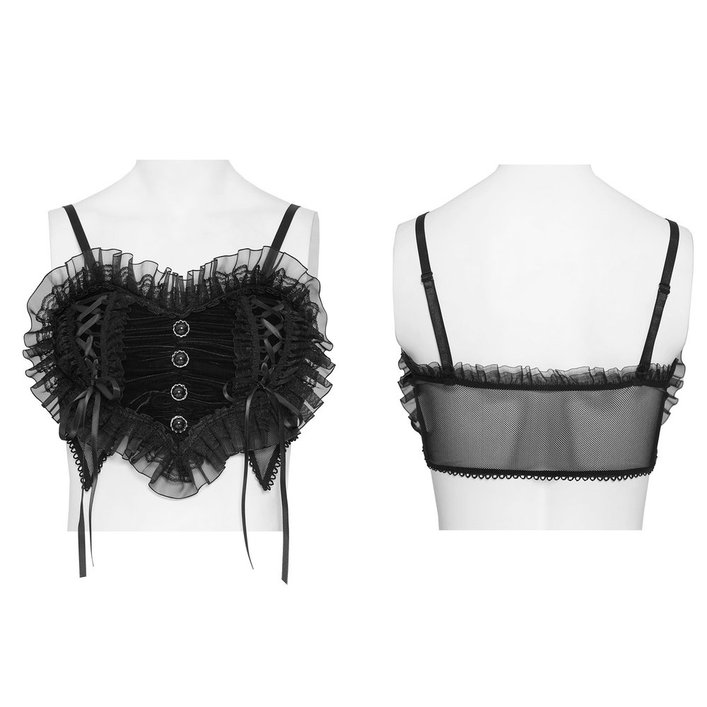 Female Black Lace Crop Top with Ruffle Trim Detail