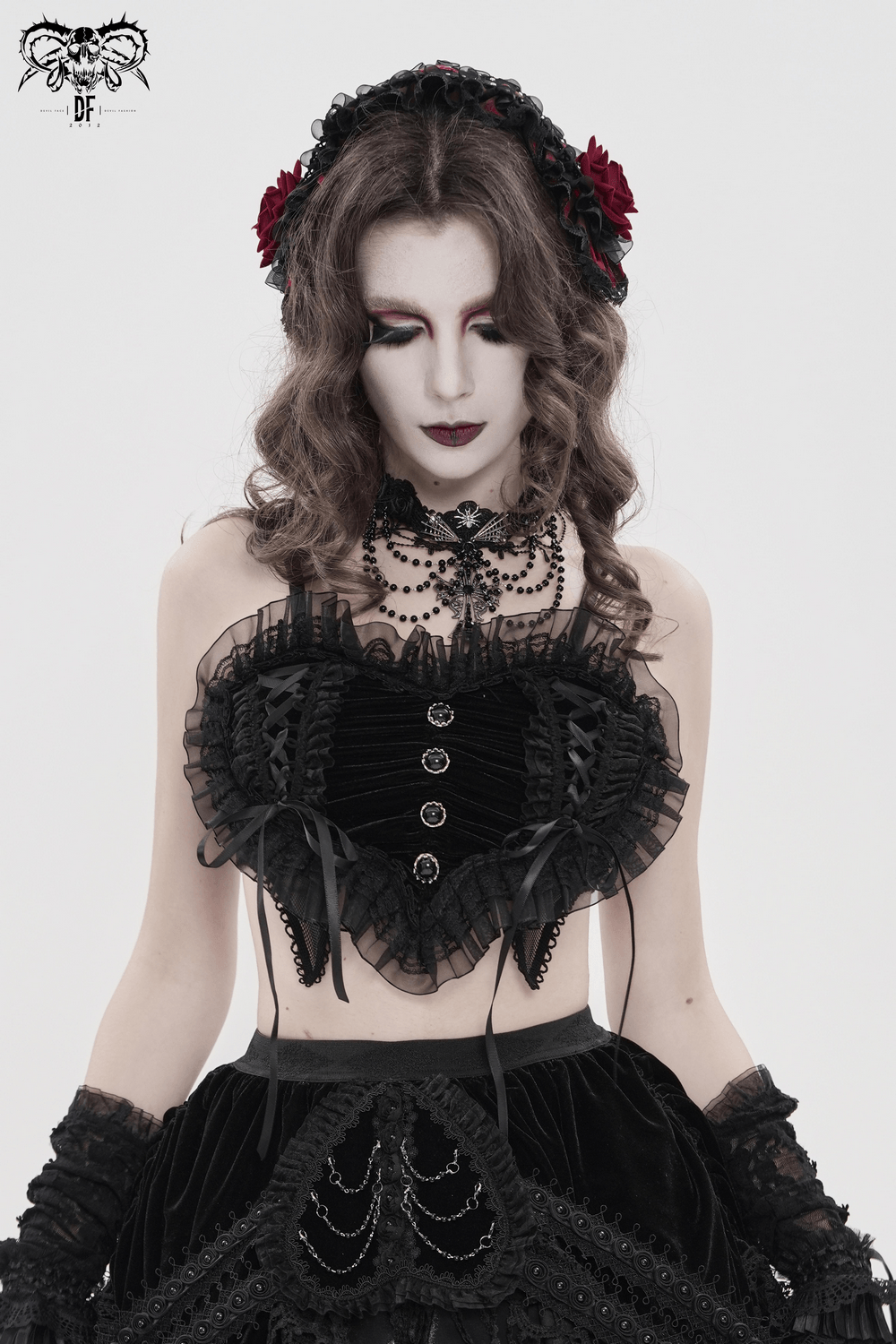 Female Black Lace Crop Top with Ruffle Trim Detail