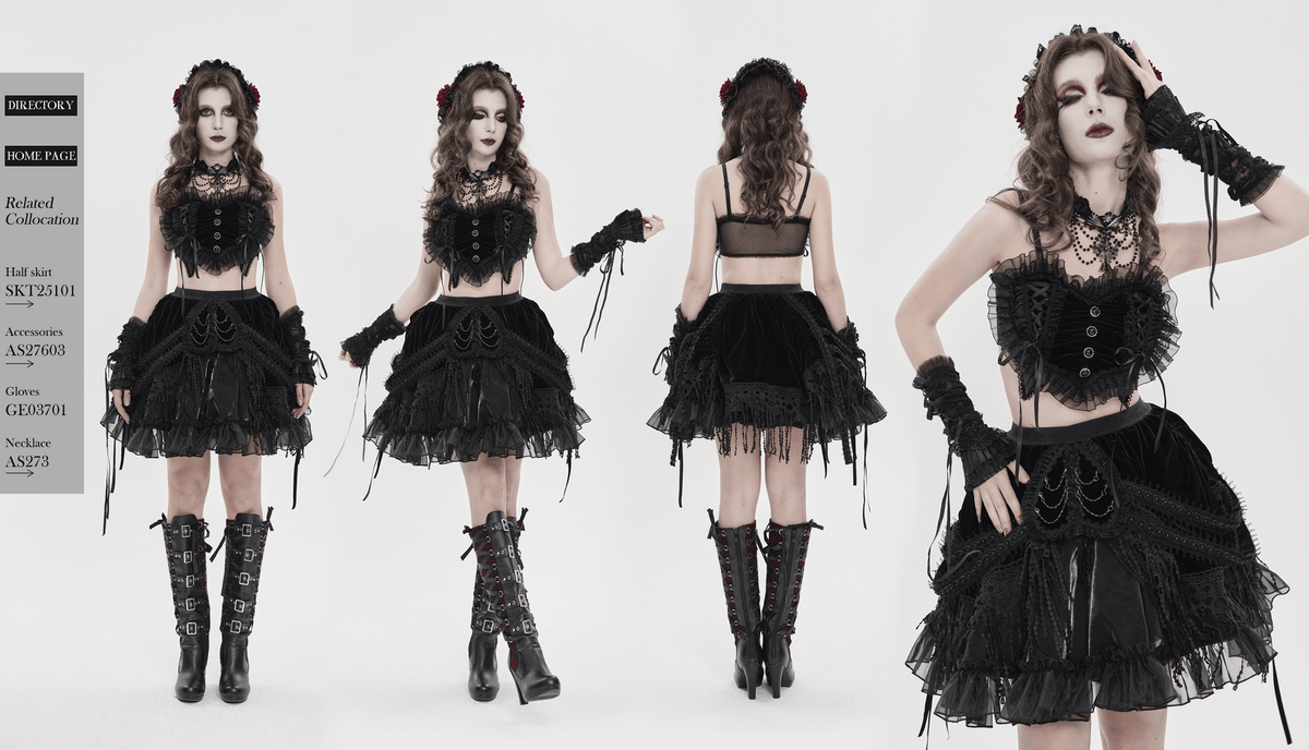 Female Black Lace Crop Top with Ruffle Trim Detail