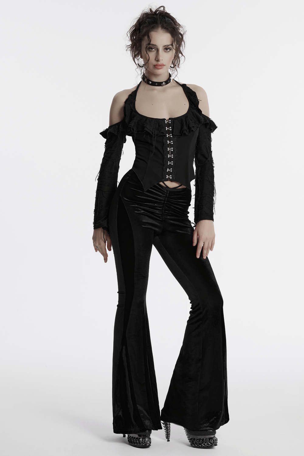 Female Goth Velvet Flared Pants with Waist Strap