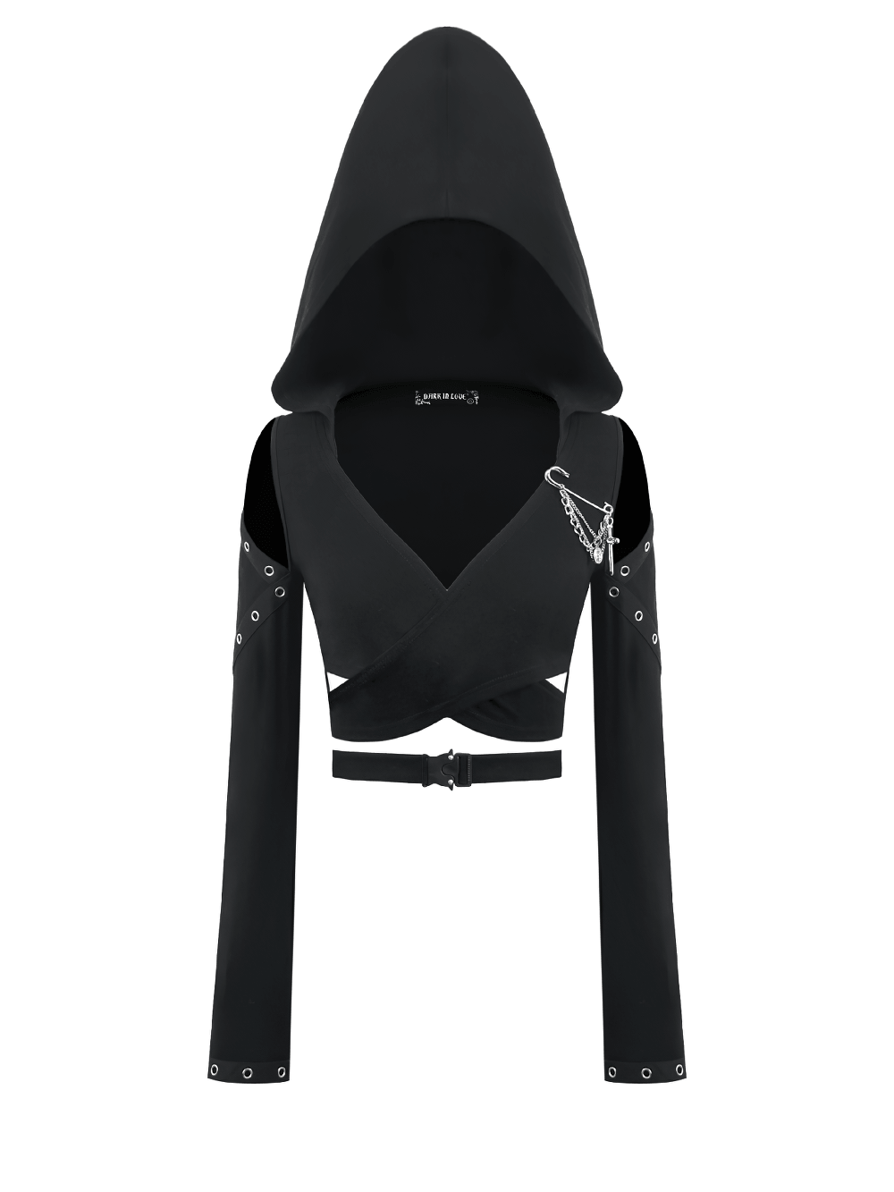 Female Gothic Hooded Crop Top with Chain and Buckle Detail