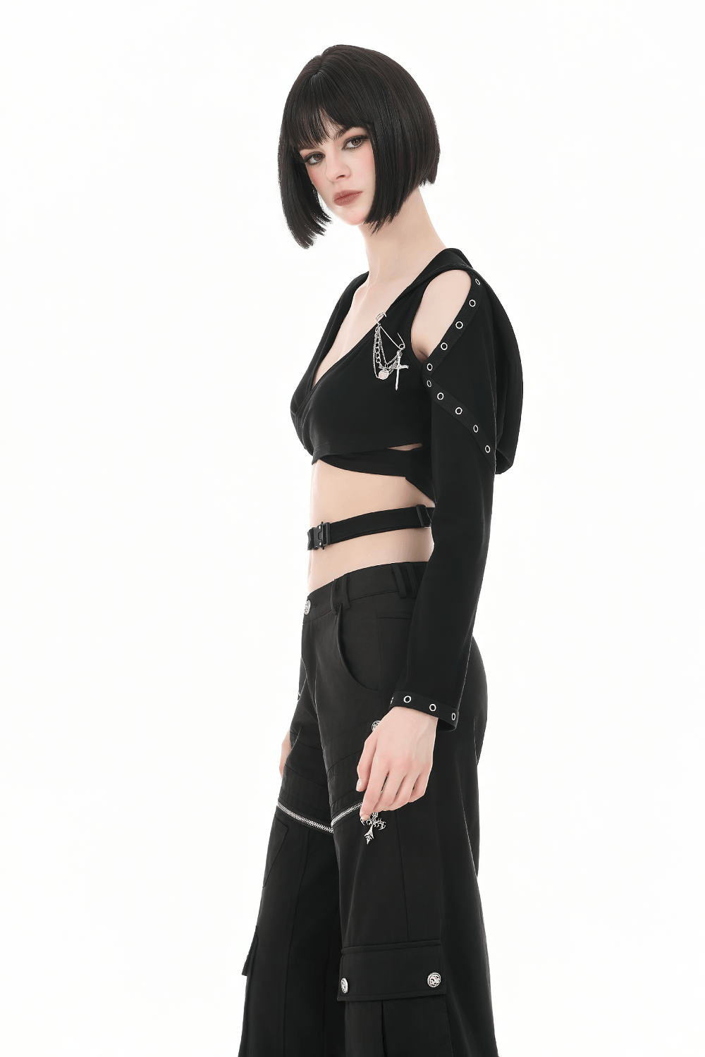 Female Gothic Hooded Crop Top with Chain and Buckle Detail