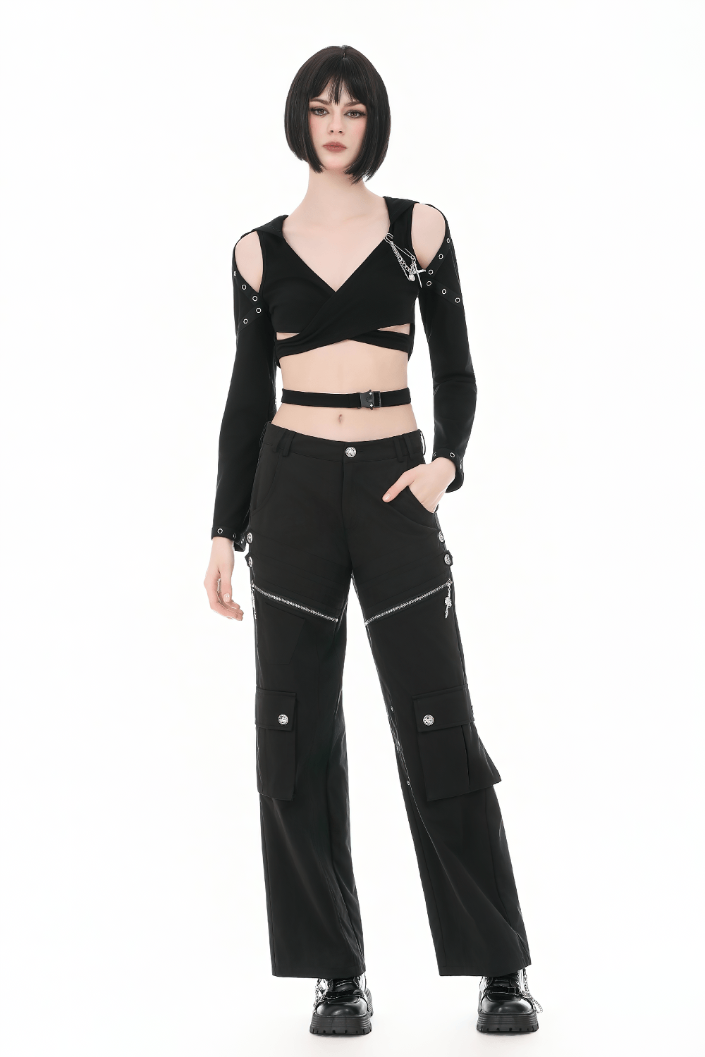 Female Gothic Hooded Crop Top with Chain and Buckle Detail