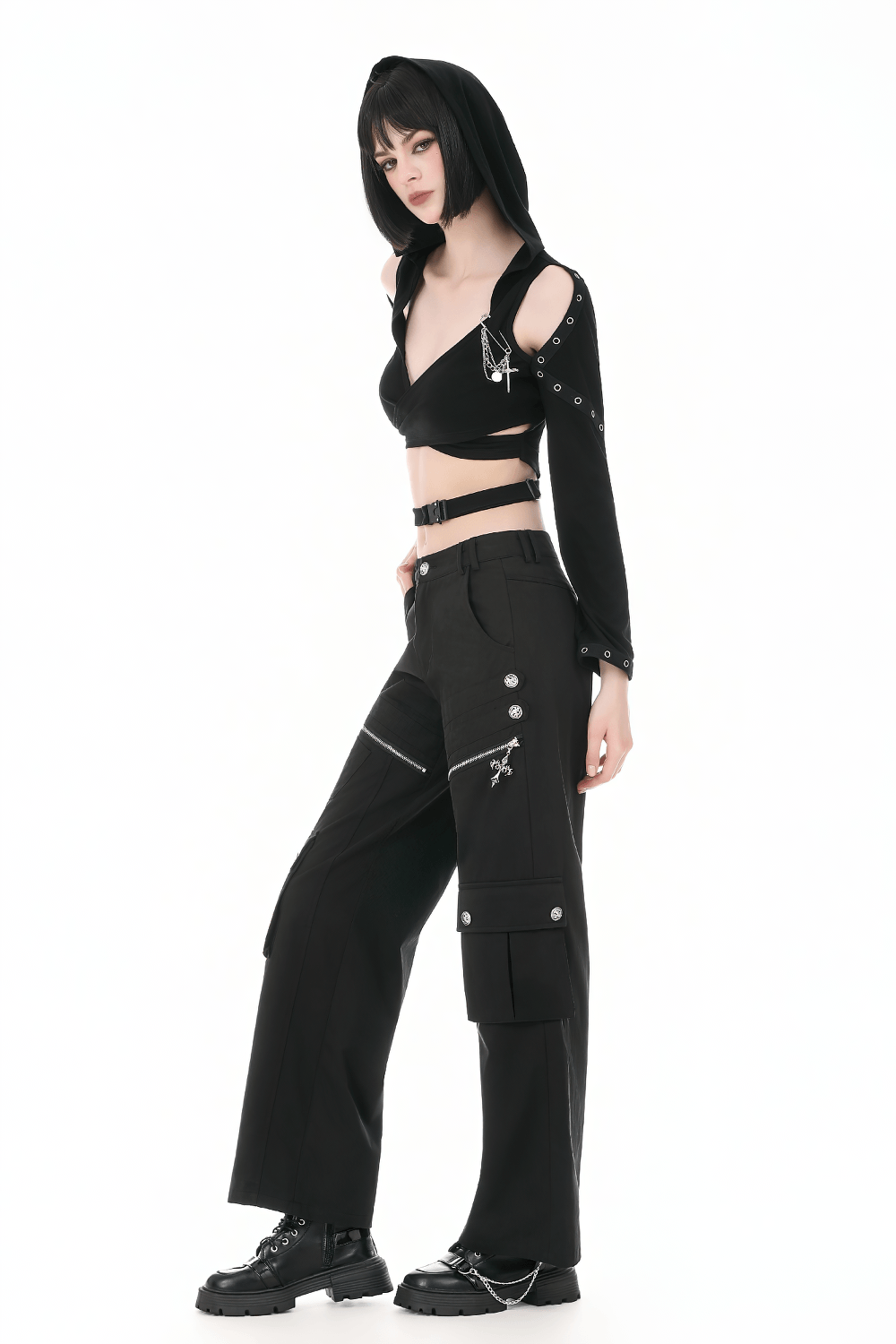 Female Gothic Hooded Crop Top with Chain and Buckle Detail